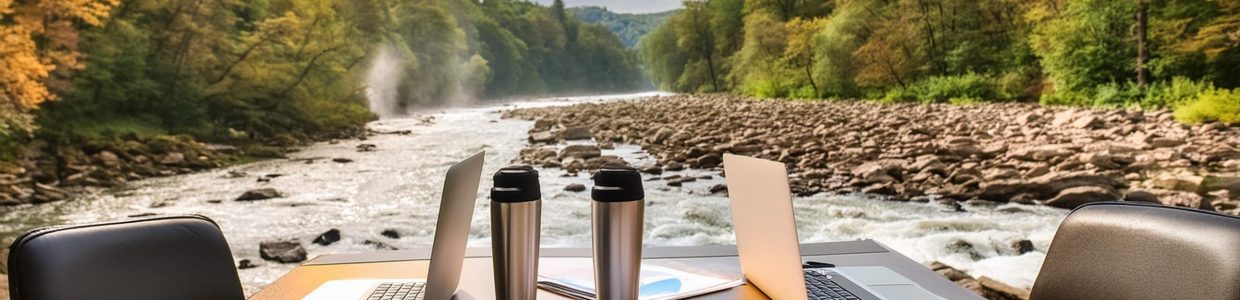 An AI generated image of a table covered in paperwork, graphs, travel mugs without handles and laptops facing away from each with a river flowing past in the background